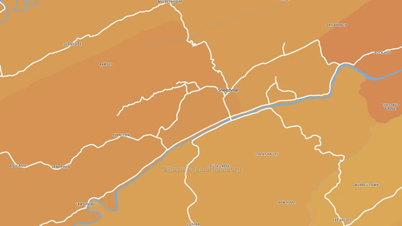 Map of the best neighborhoods in the 37869 area, with better matches in green and worse matches in red