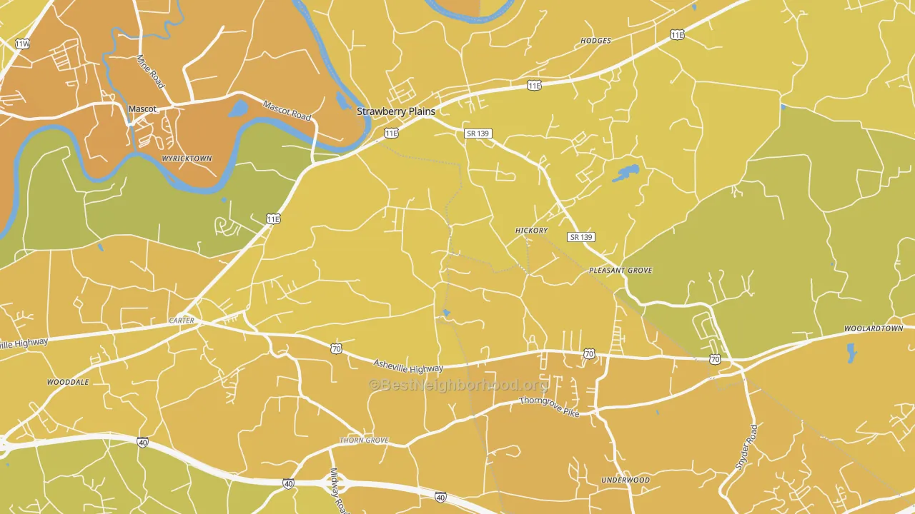 Map of the best neighborhoods in the 37871 area, with better matches in green and worse matches in red