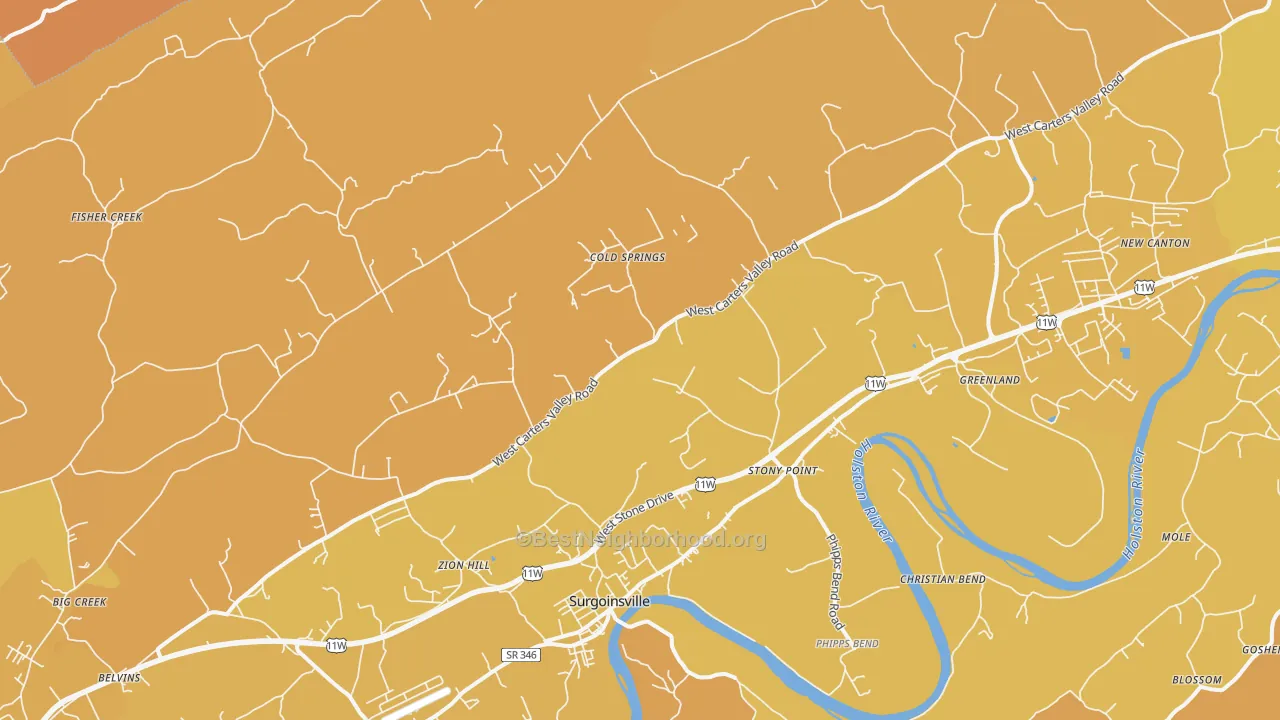 Map of the best neighborhoods in the 37873 area, with better matches in green and worse matches in red