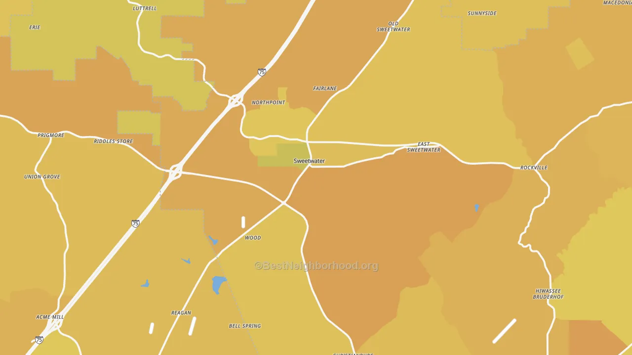 Map of the best neighborhoods in the 37874 area, with better matches in green and worse matches in red