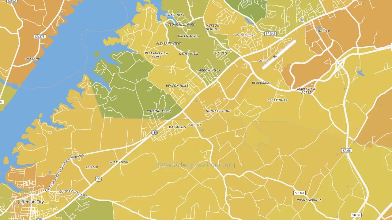 Map of the best neighborhoods in the 37877 area, with better matches in green and worse matches in red