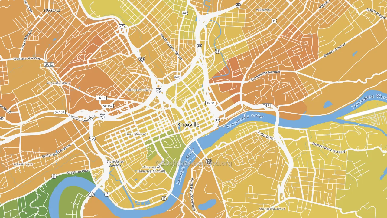 Map of the best neighborhoods in the 37902 area, with better matches in green and worse matches in red
