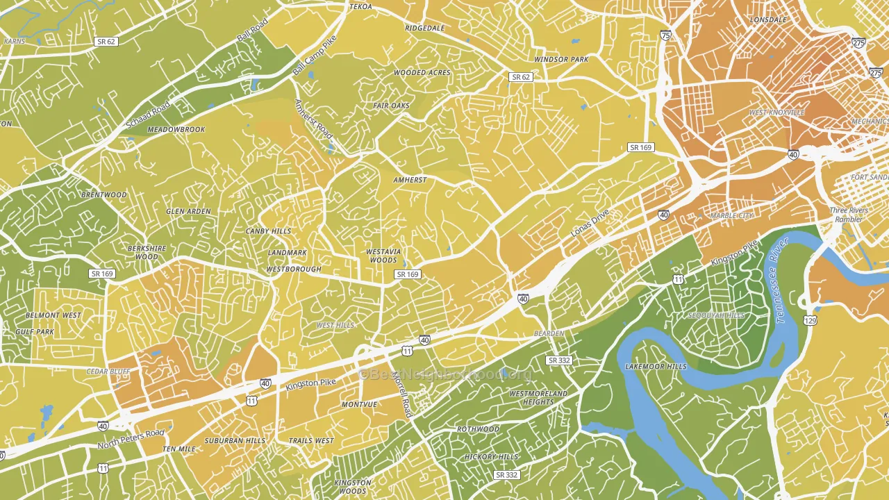 Map of the best neighborhoods in the 37909 area, with better matches in green and worse matches in red
