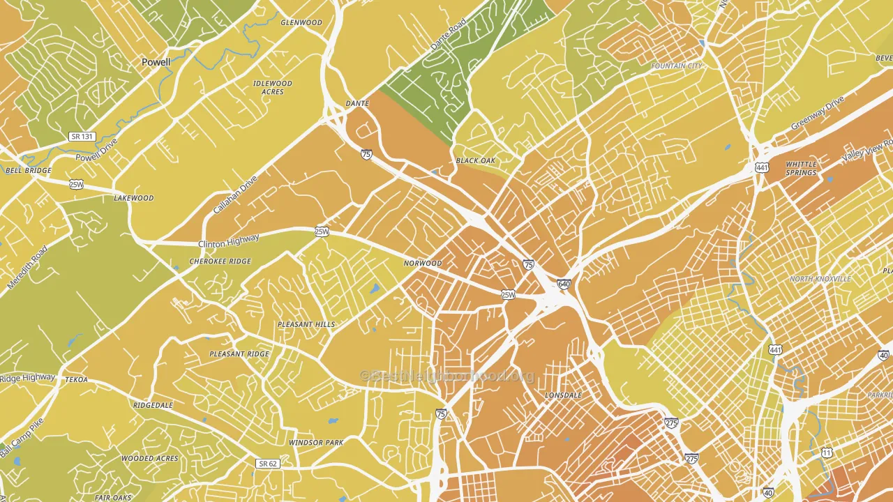 Map of the best neighborhoods in the 37912 area, with better matches in green and worse matches in red