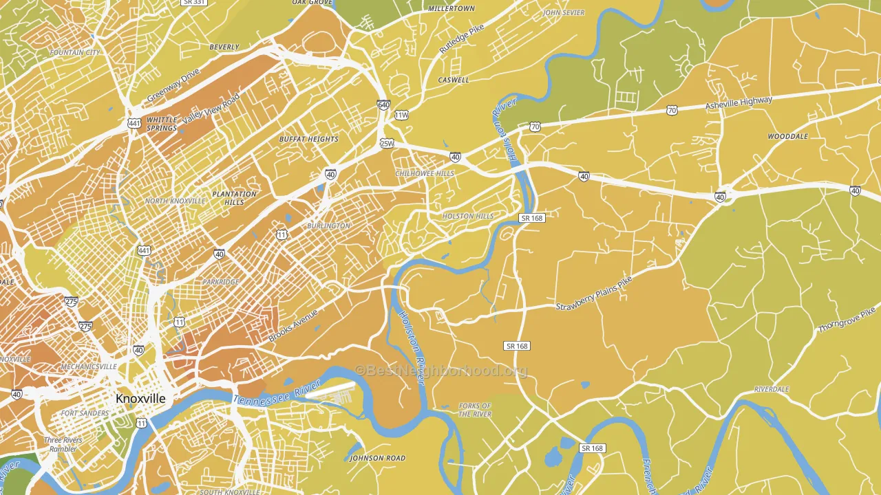 Map of the best neighborhoods in the 37914 area, with better matches in green and worse matches in red
