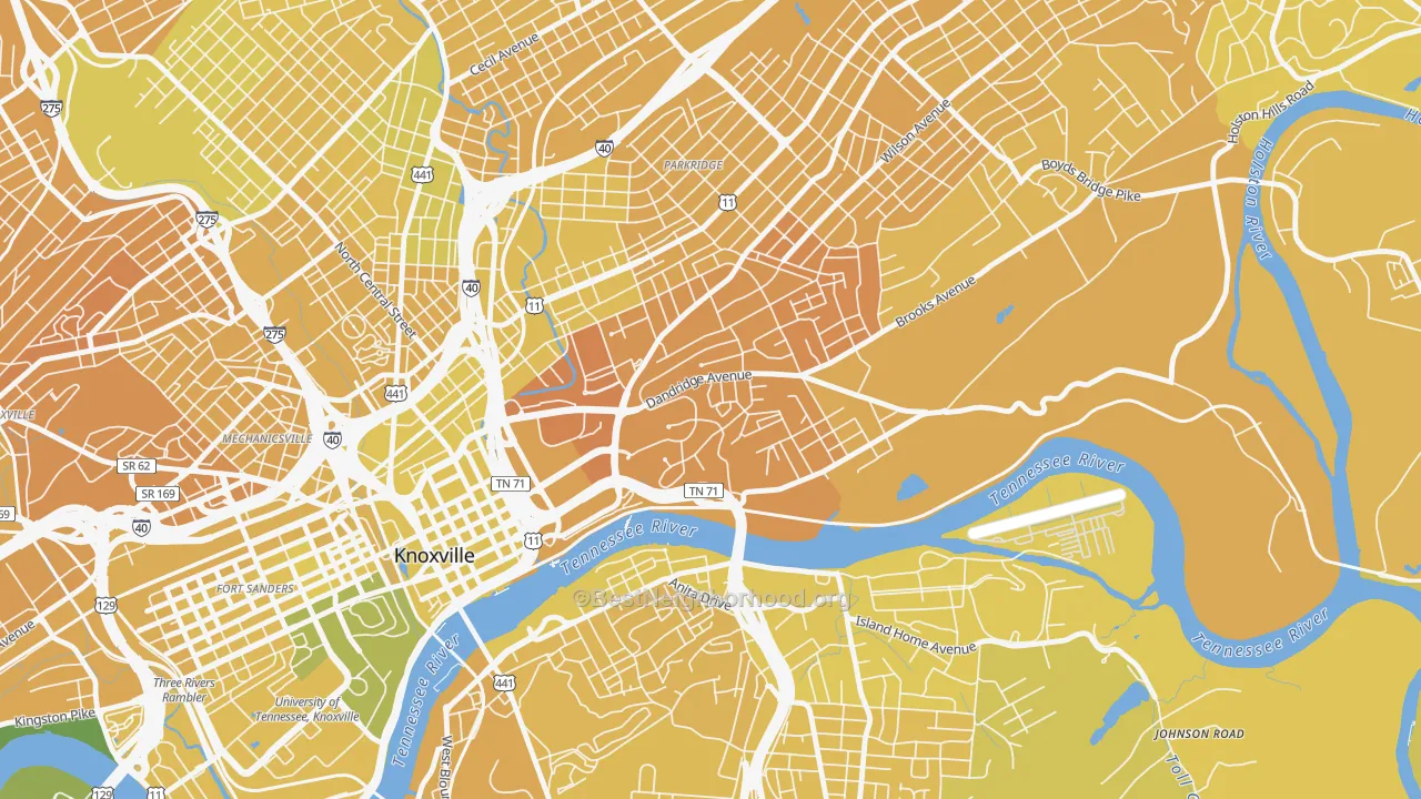Map of the best neighborhoods in the 37915 area, with better matches in green and worse matches in red