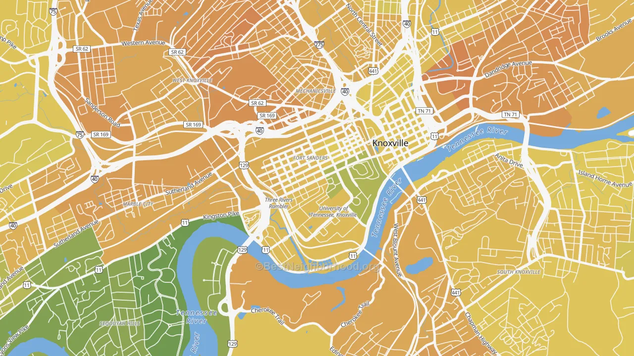 Map of the best neighborhoods in the 37916 area, with better matches in green and worse matches in red
