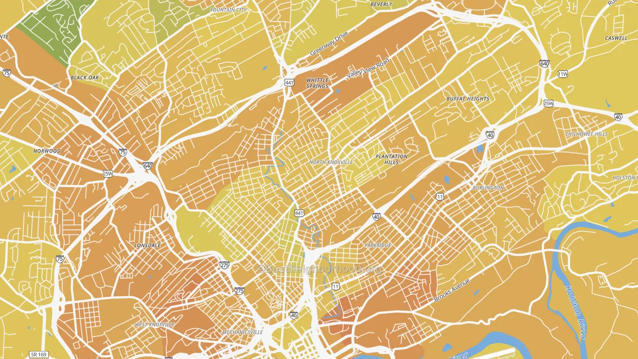 Map of the best neighborhoods in the 37917 area, with better matches in green and worse matches in red