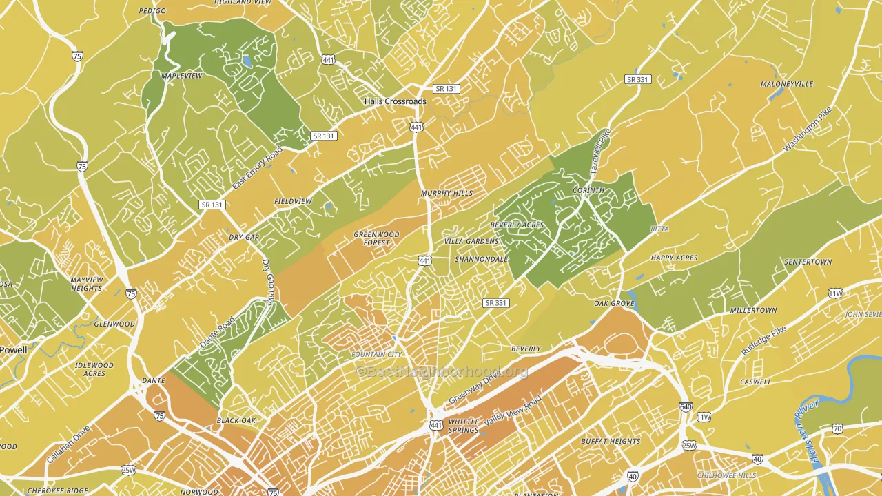 Map of the best neighborhoods in the 37918 area, with better matches in green and worse matches in red