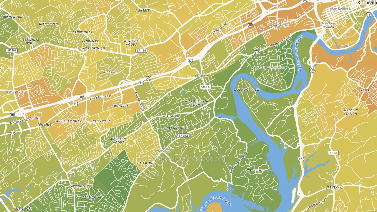 Map of the best neighborhoods in the 37919 area, with better matches in green and worse matches in red
