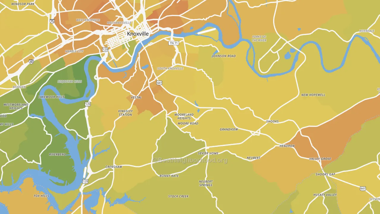 Map of the best neighborhoods in the 37920 area, with better matches in green and worse matches in red