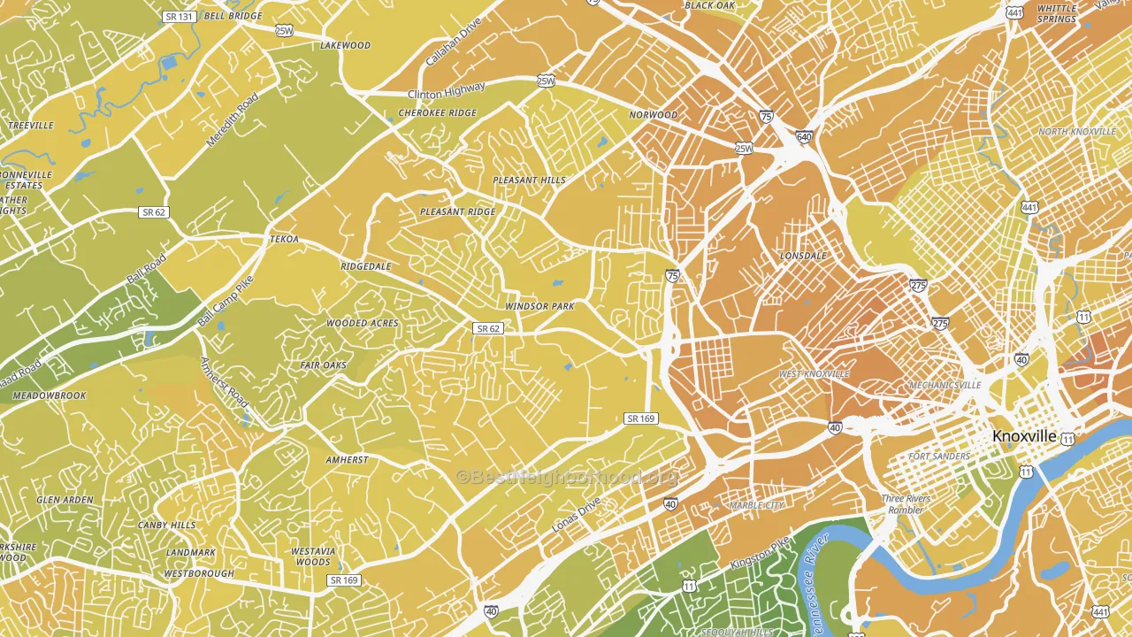 Map of the best neighborhoods in the 37921 area, with better matches in green and worse matches in red
