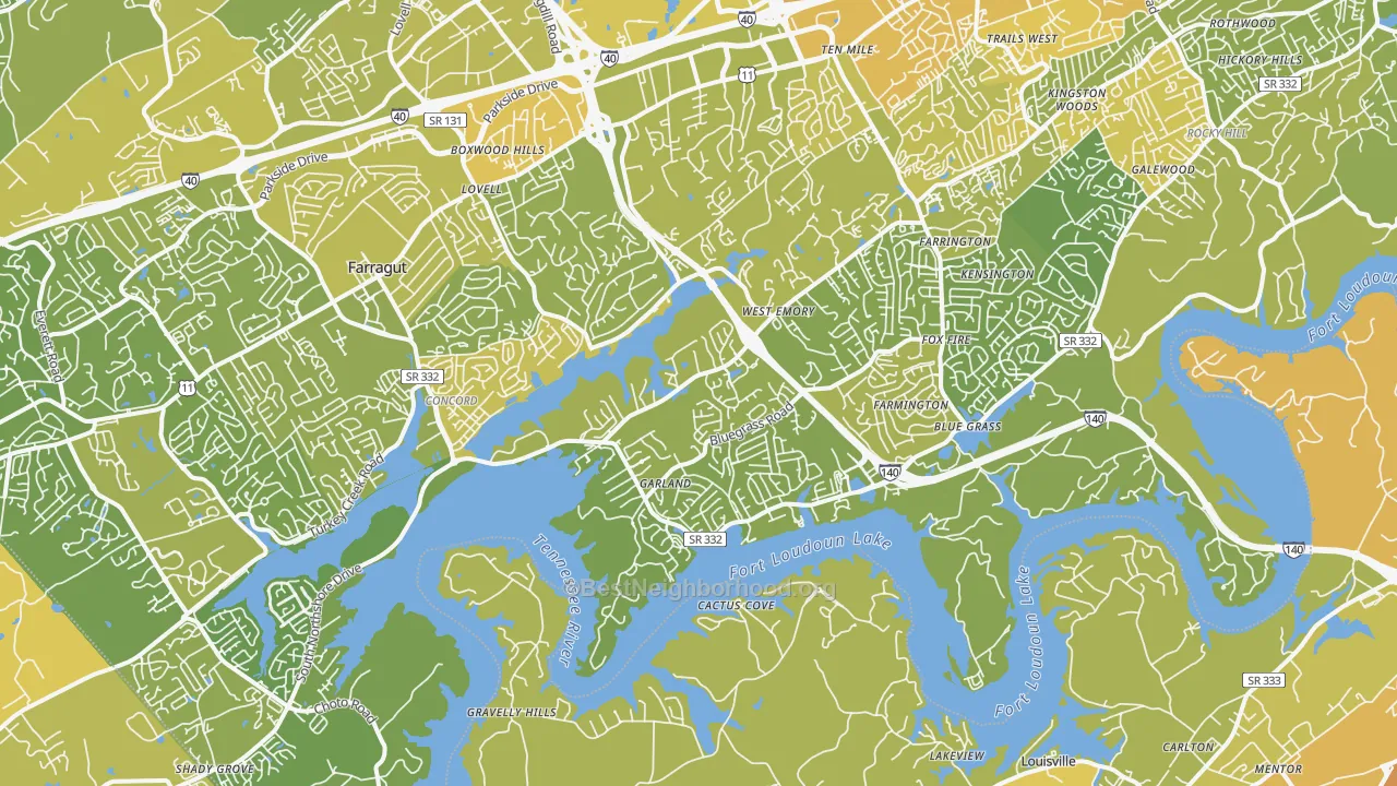 Map of the best neighborhoods in the 37922 area, with better matches in green and worse matches in red