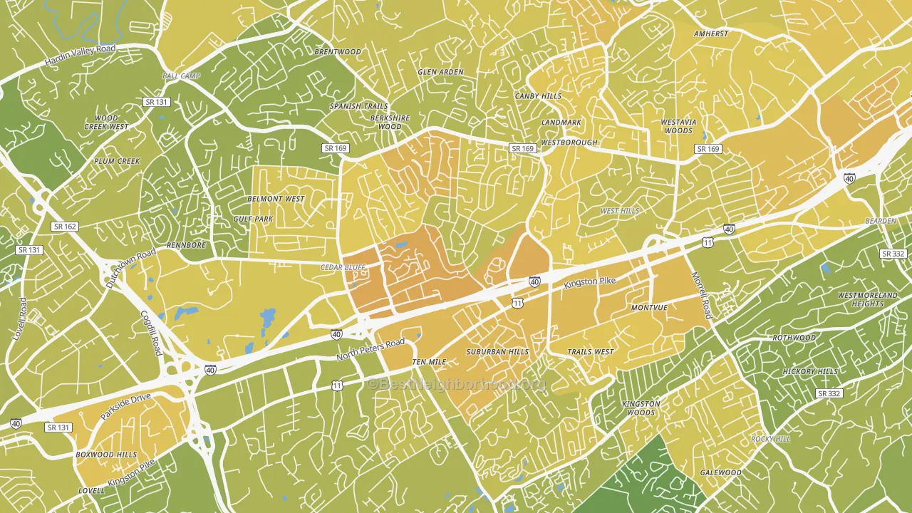 Map of the best neighborhoods in the 37923 area, with better matches in green and worse matches in red