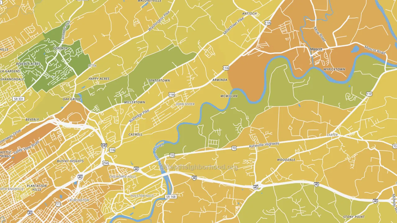 Map of the best neighborhoods in the 37924 area, with better matches in green and worse matches in red