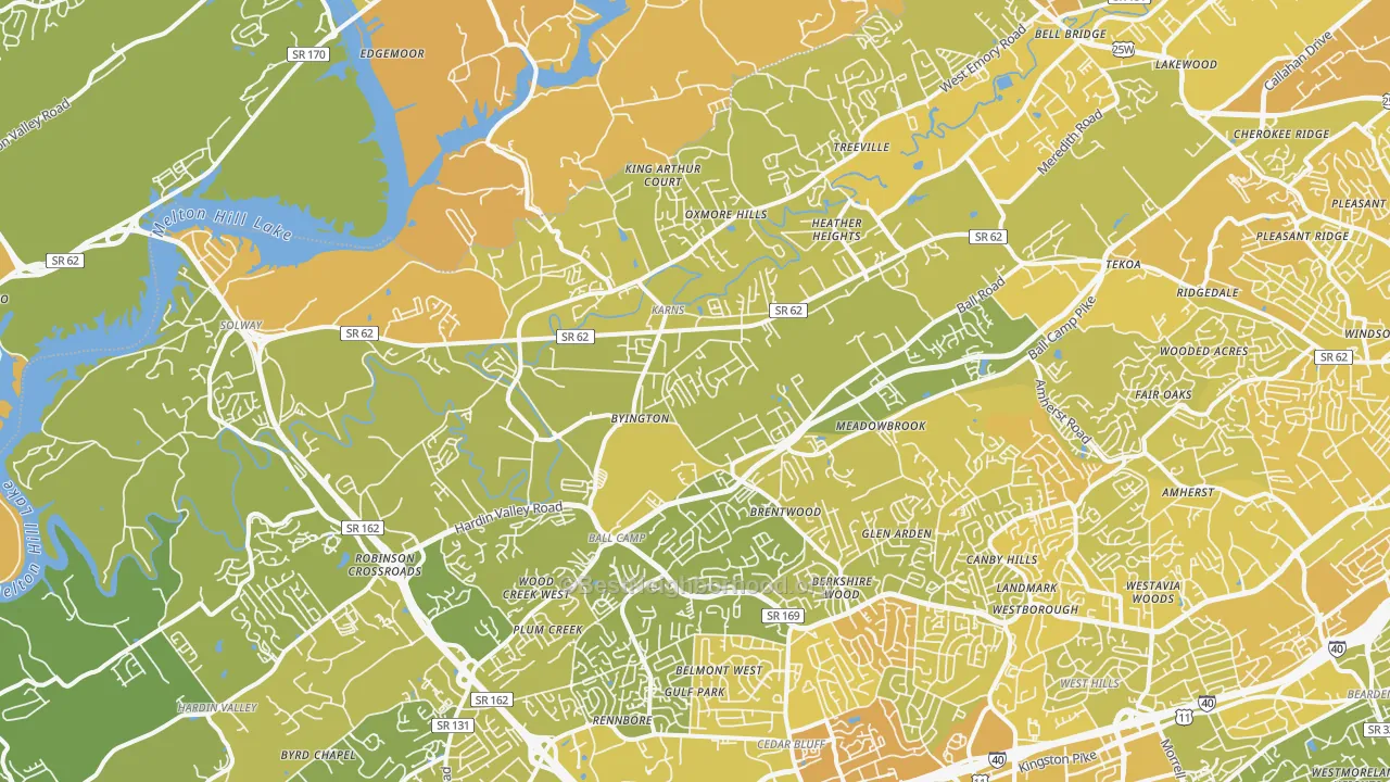 Map of the best neighborhoods in the 37931 area, with better matches in green and worse matches in red