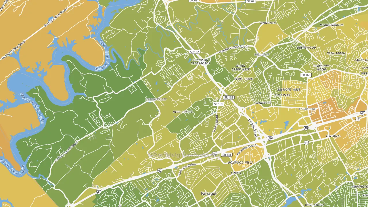 Map of the best neighborhoods in the 37932 area, with better matches in green and worse matches in red