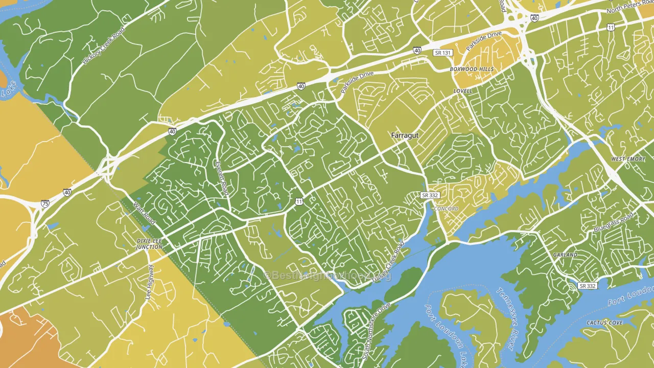 Map of the best neighborhoods in the 37934 area, with better matches in green and worse matches in red