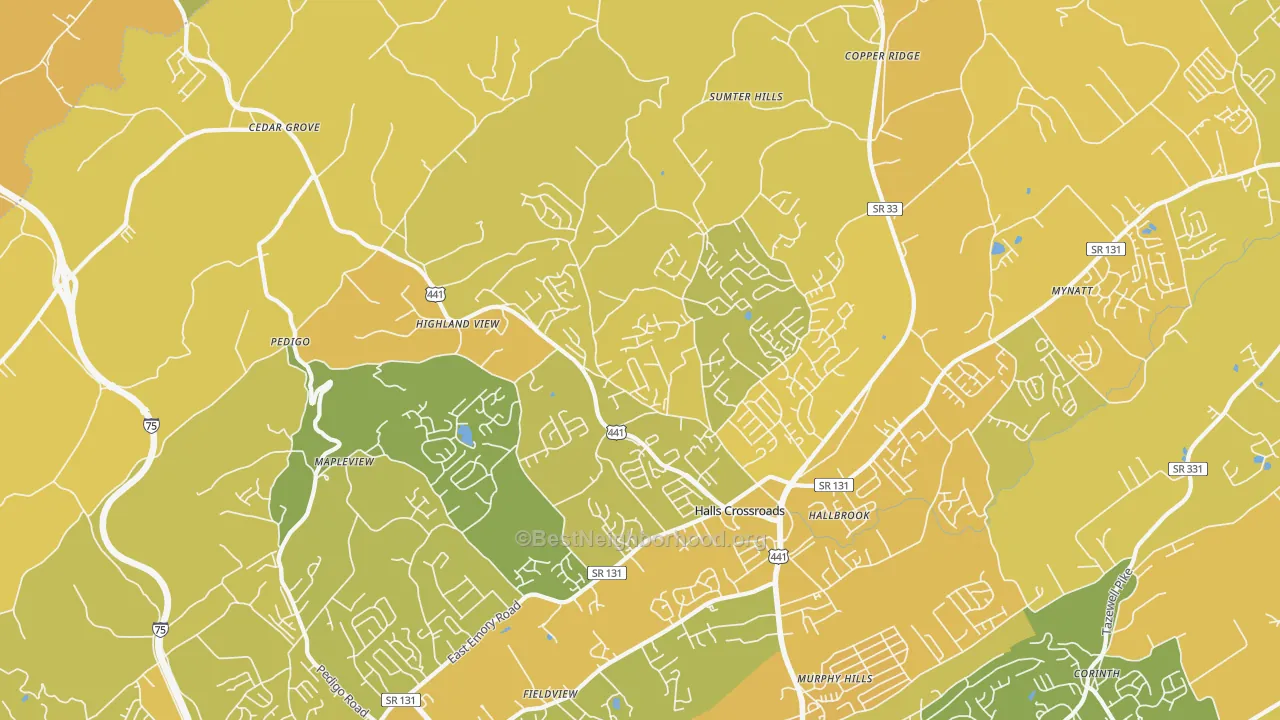 Map of the best neighborhoods in the 37938 area, with better matches in green and worse matches in red