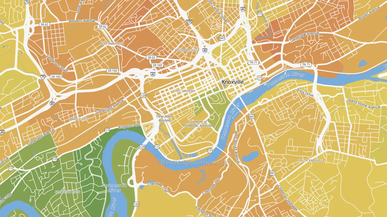 Map of the best neighborhoods in the 37996 area, with better matches in green and worse matches in red