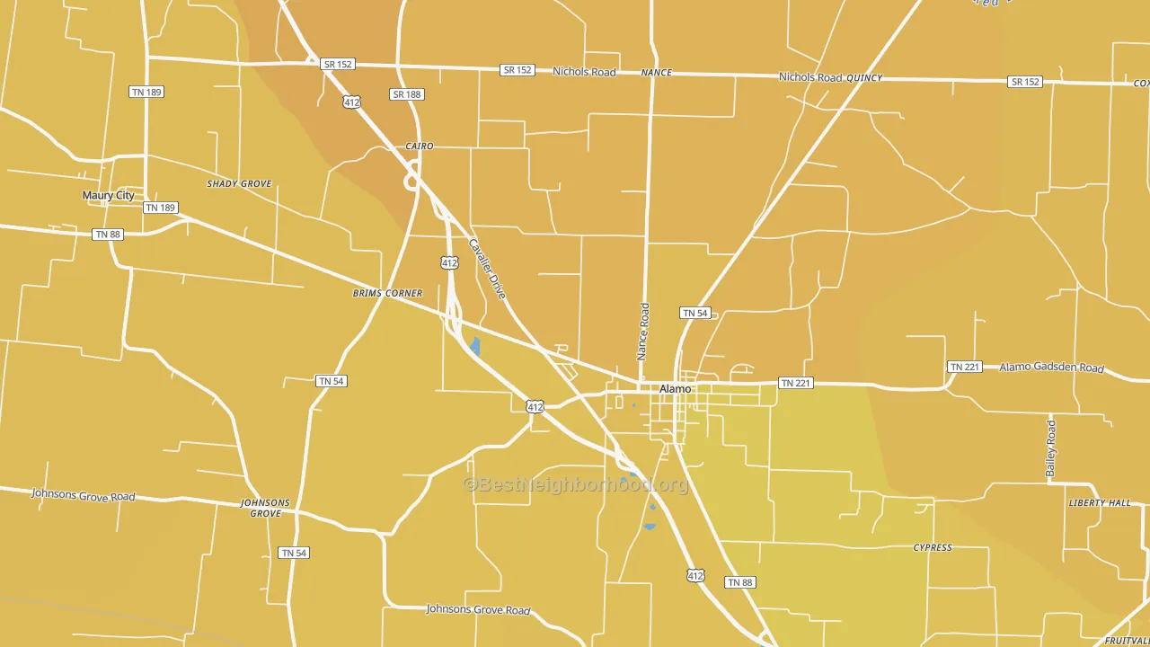 Map of the best neighborhoods in the 38001 area, with better matches in green and worse matches in red