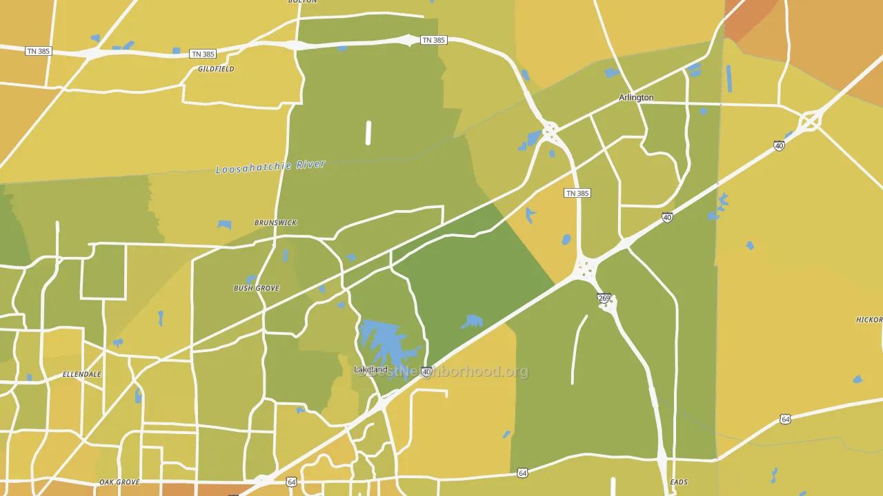 Map of the best neighborhoods in the 38002 area, with better matches in green and worse matches in red