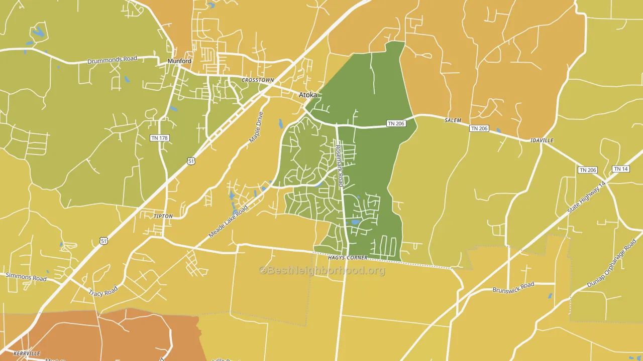 Map of the best neighborhoods in the 38004 area, with better matches in green and worse matches in red