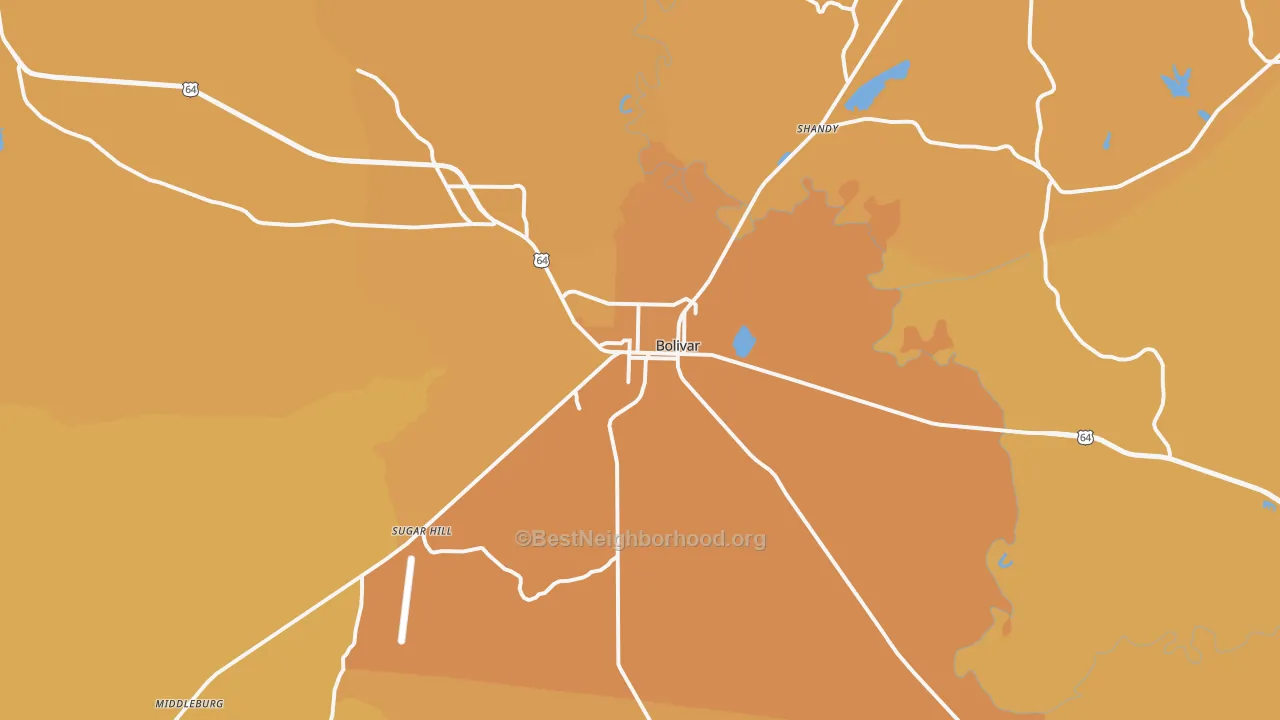 Map of the best neighborhoods in the 38008 area, with better matches in green and worse matches in red