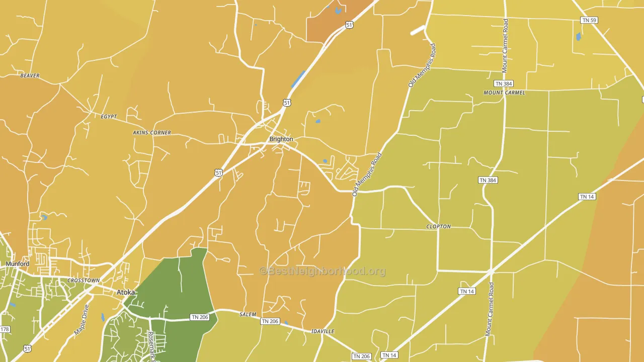 Map of the best neighborhoods in the 38011 area, with better matches in green and worse matches in red