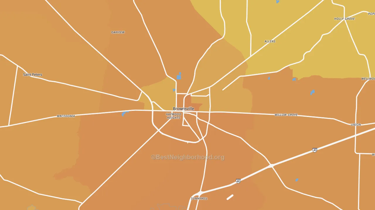 Map of the best neighborhoods in the 38012 area, with better matches in green and worse matches in red