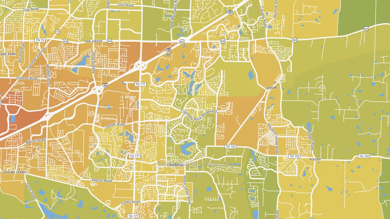 Map of the best neighborhoods in the 38016 area, with better matches in green and worse matches in red