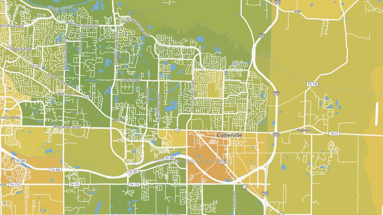 Map of the best neighborhoods in the 38017 area, with better matches in green and worse matches in red