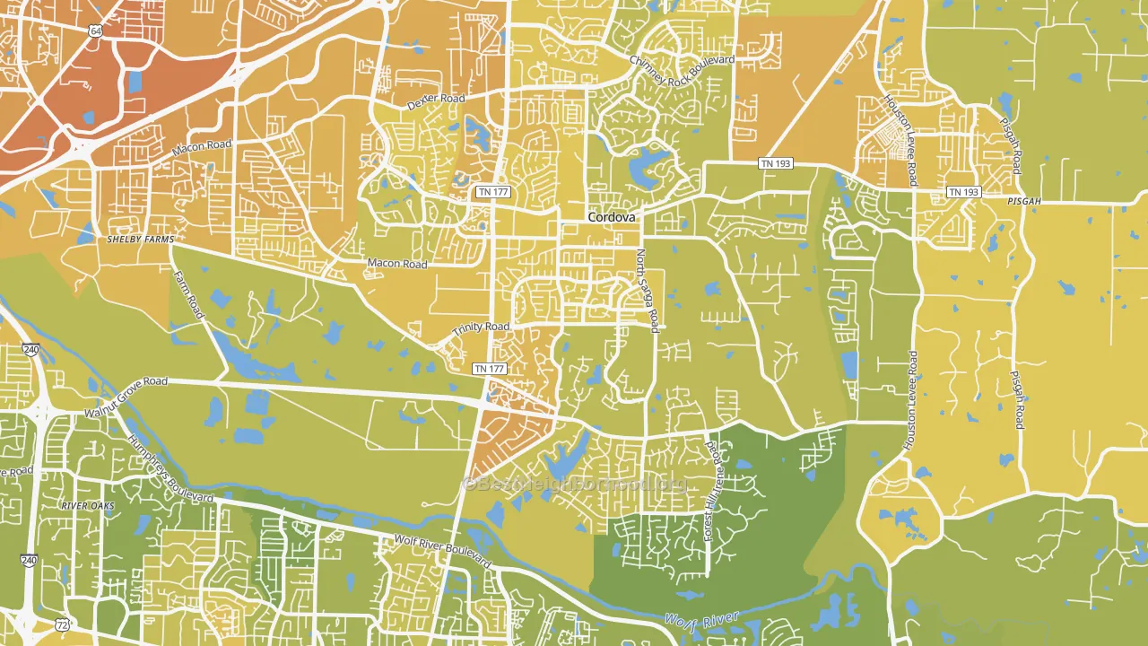 Map of the best neighborhoods in the 38018 area, with better matches in green and worse matches in red