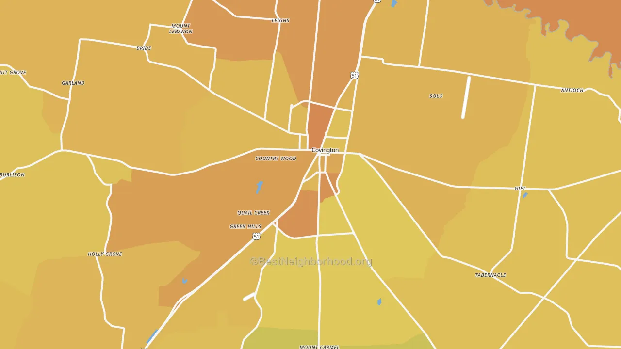 Map of the best neighborhoods in the 38019 area, with better matches in green and worse matches in red