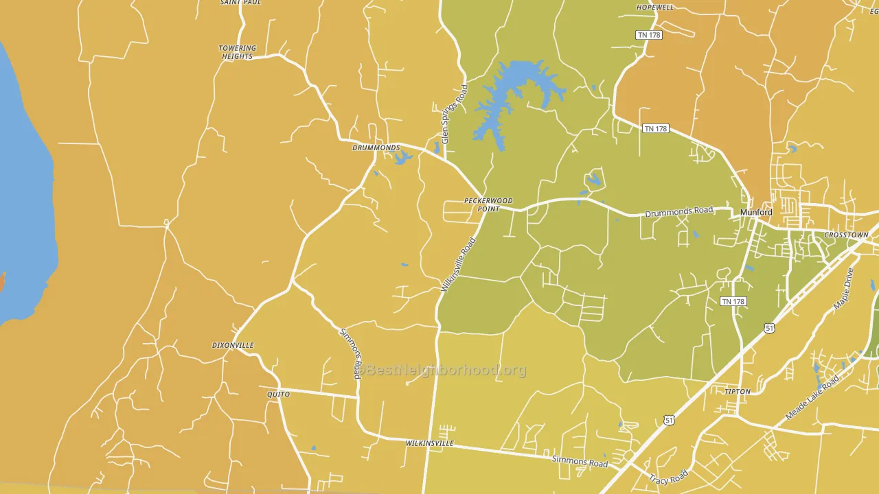 Map of the best neighborhoods in the 38023 area, with better matches in green and worse matches in red