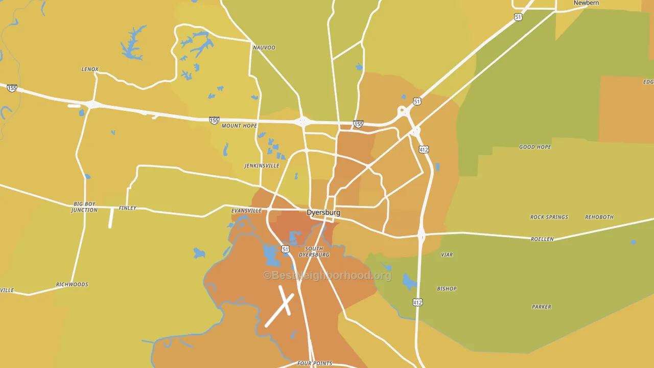 Map of the best neighborhoods in the 38024 area, with better matches in green and worse matches in red