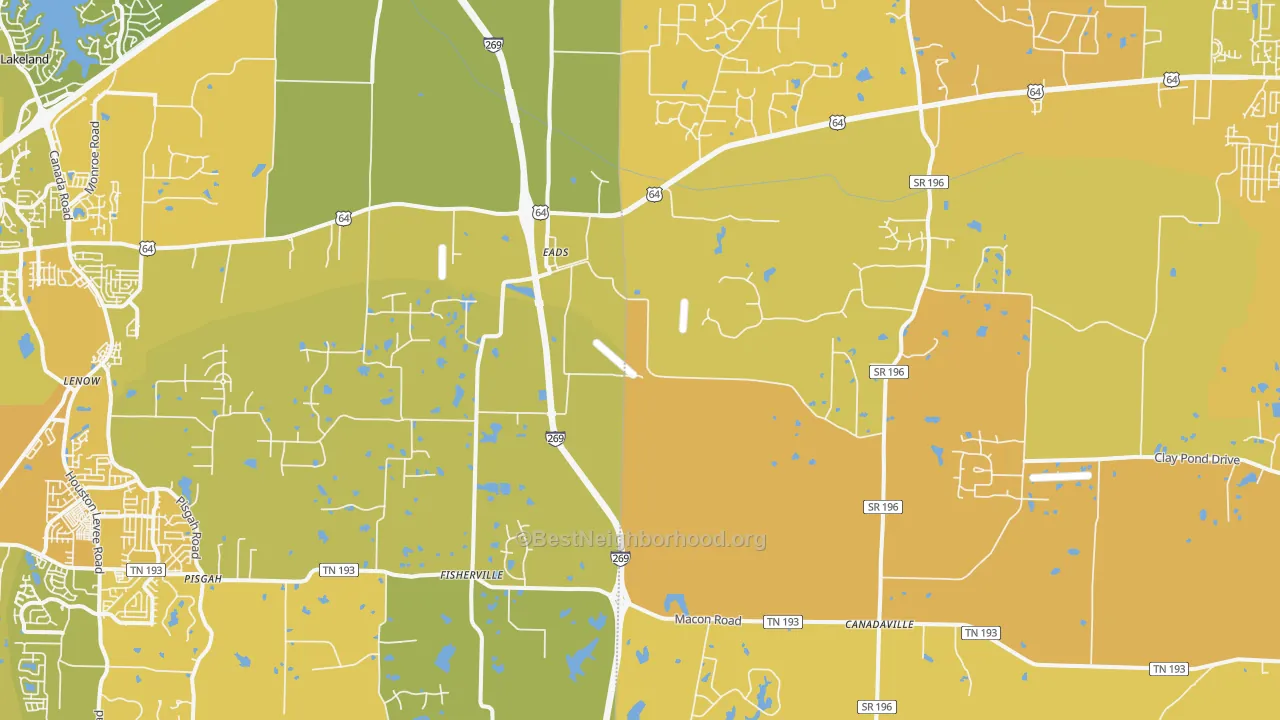 Map of the best neighborhoods in the 38028 area, with better matches in green and worse matches in red