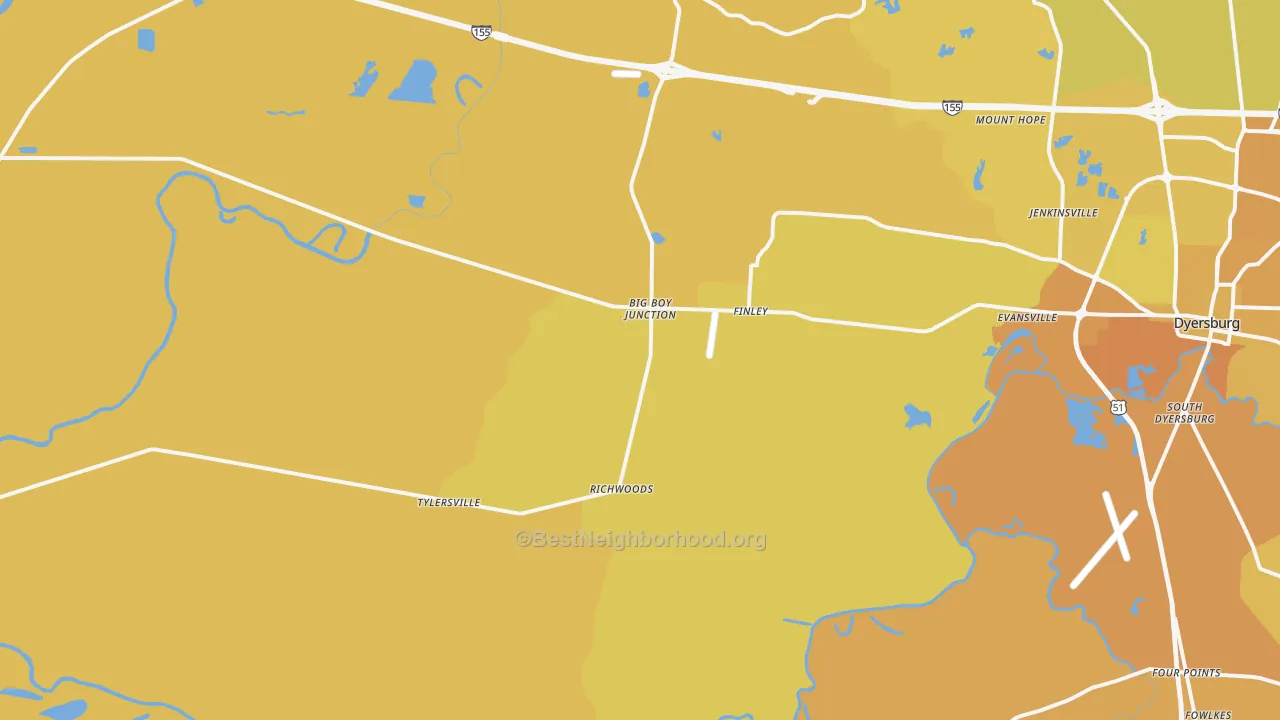 Map of the best neighborhoods in the 38030 area, with better matches in green and worse matches in red