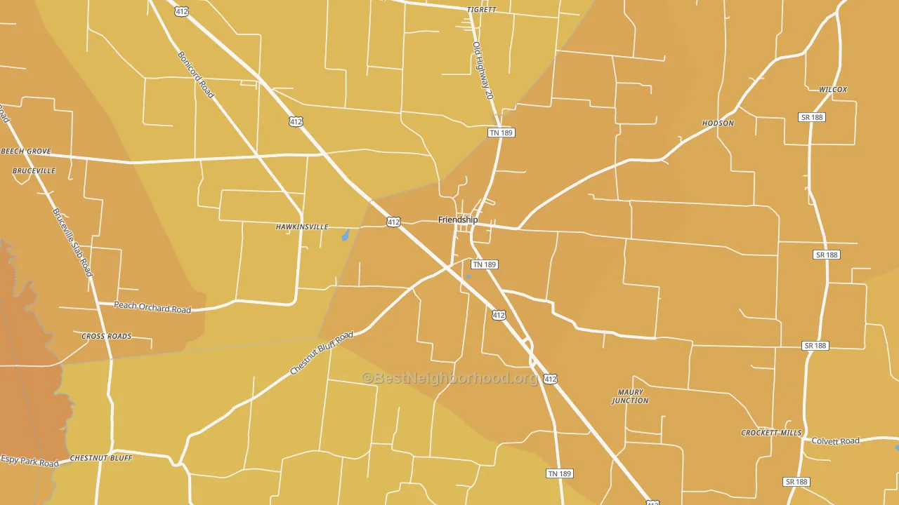 Map of the best neighborhoods in the 38034 area, with better matches in green and worse matches in red