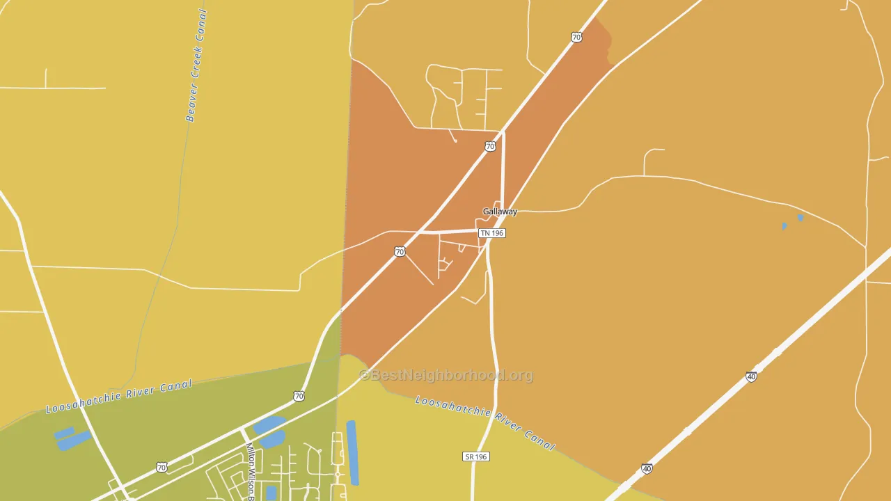 Map of the best neighborhoods in the 38036 area, with better matches in green and worse matches in red