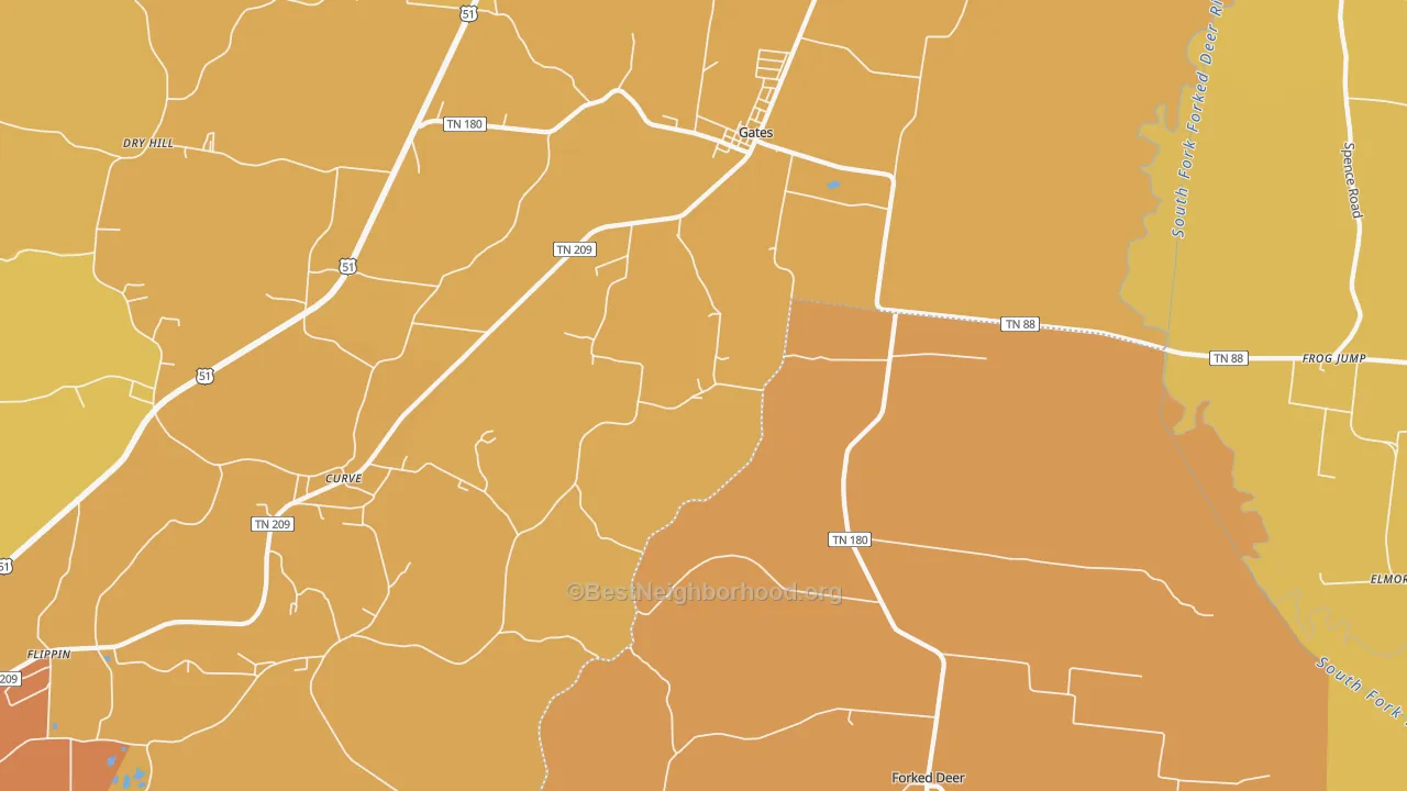 Map of the best neighborhoods in the 38037 area, with better matches in green and worse matches in red