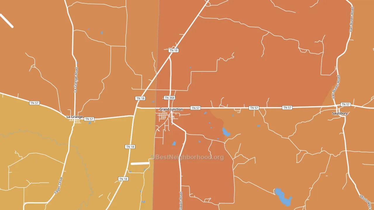 Map of the best neighborhoods in the 38039 area, with better matches in green and worse matches in red