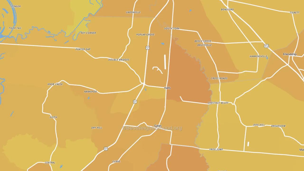 Map of the best neighborhoods in the 38040 area, with better matches in green and worse matches in red