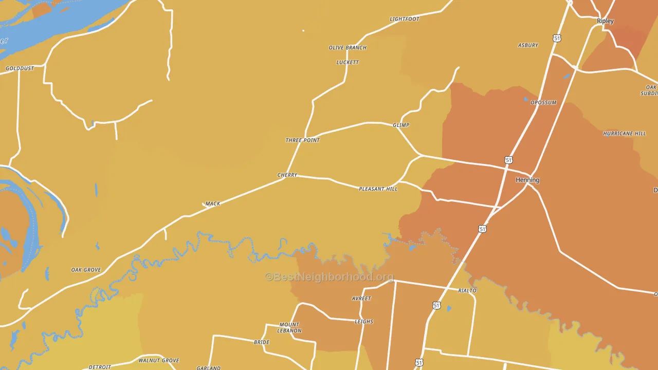 Map of the best neighborhoods in the 38041 area, with better matches in green and worse matches in red