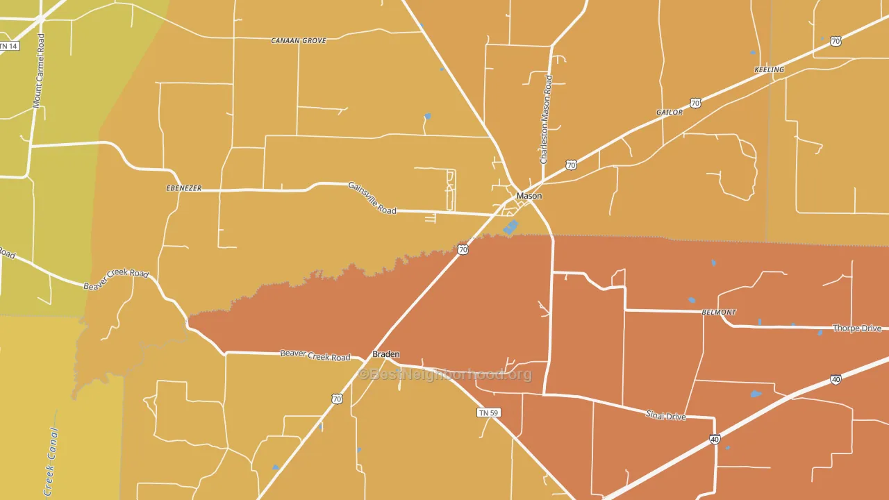 Map of the best neighborhoods in the 38049 area, with better matches in green and worse matches in red