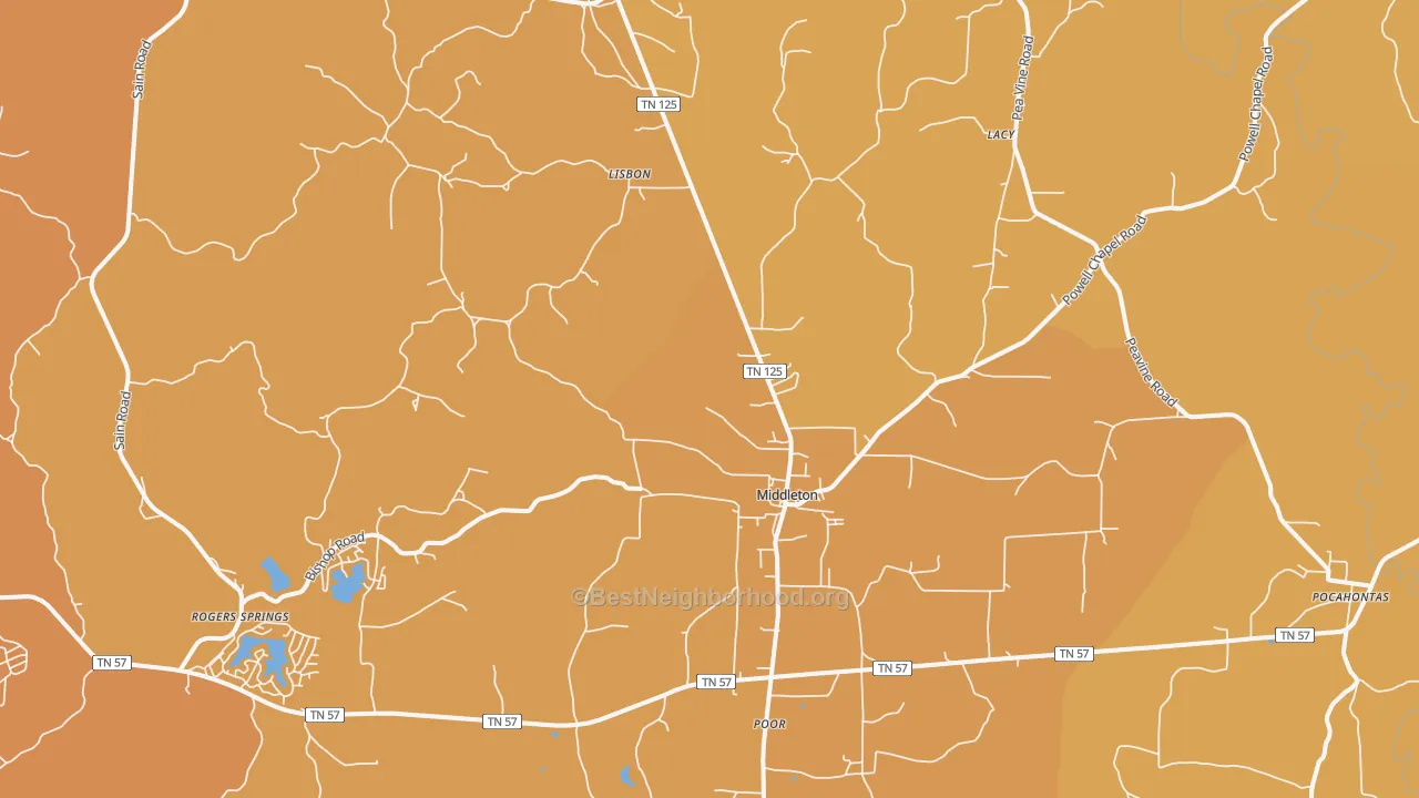Map of the best neighborhoods in the 38052 area, with better matches in green and worse matches in red