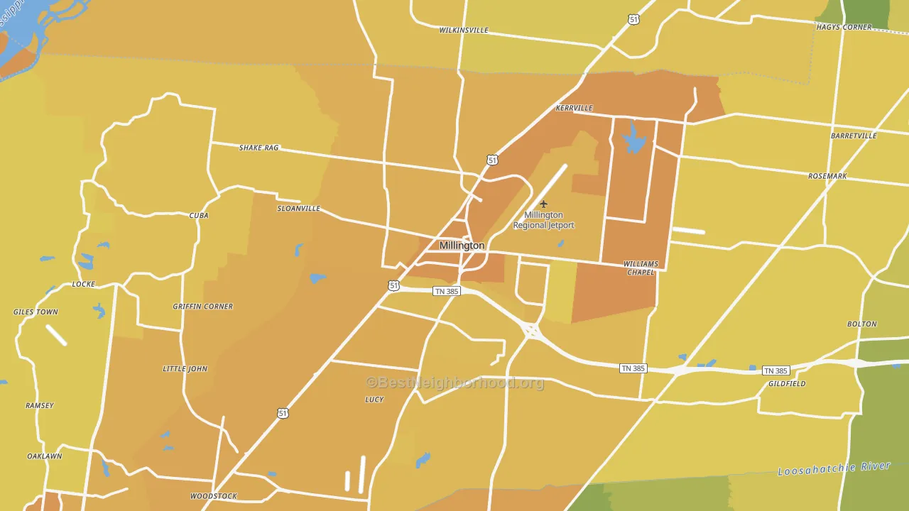Map of the best neighborhoods in the 38053 area, with better matches in green and worse matches in red