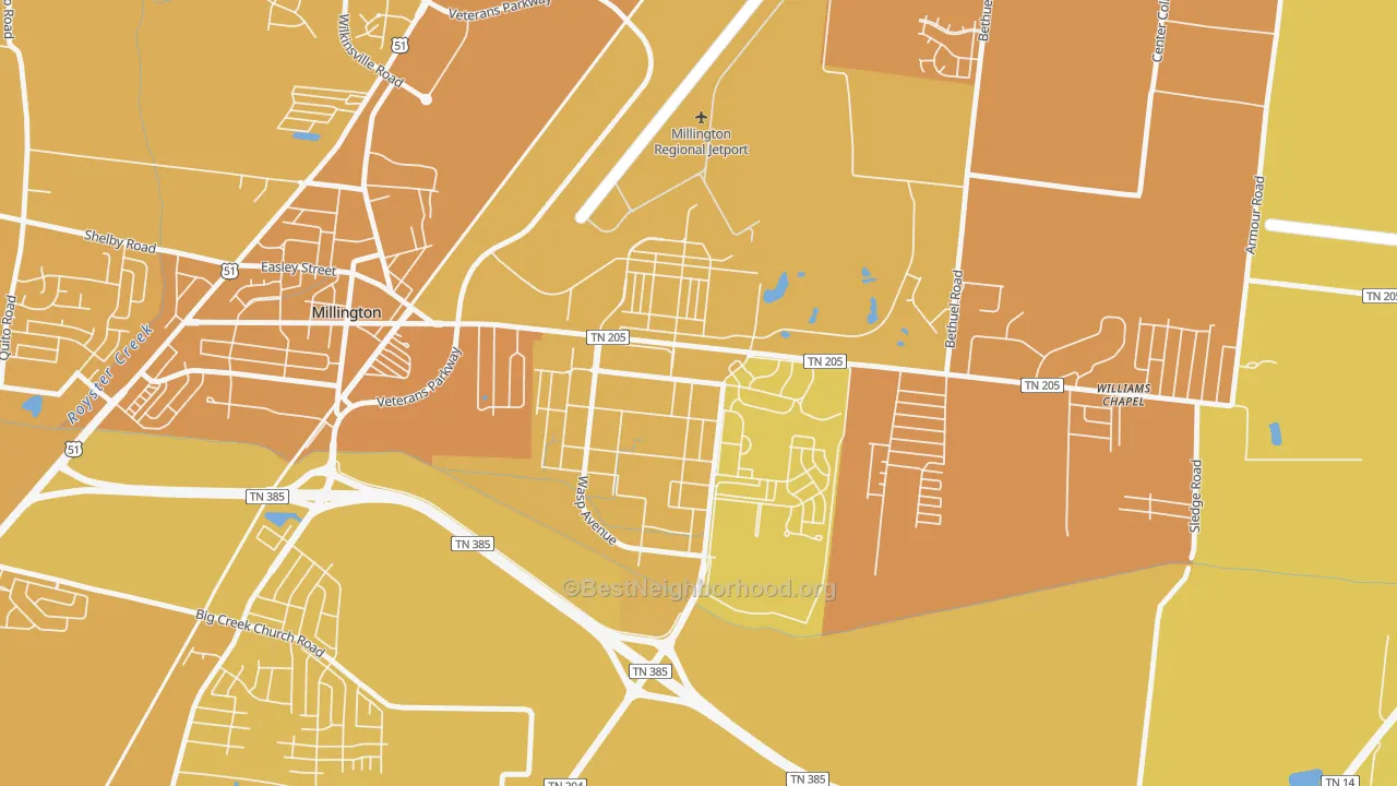 Map of the best neighborhoods in the 38054 area, with better matches in green and worse matches in red