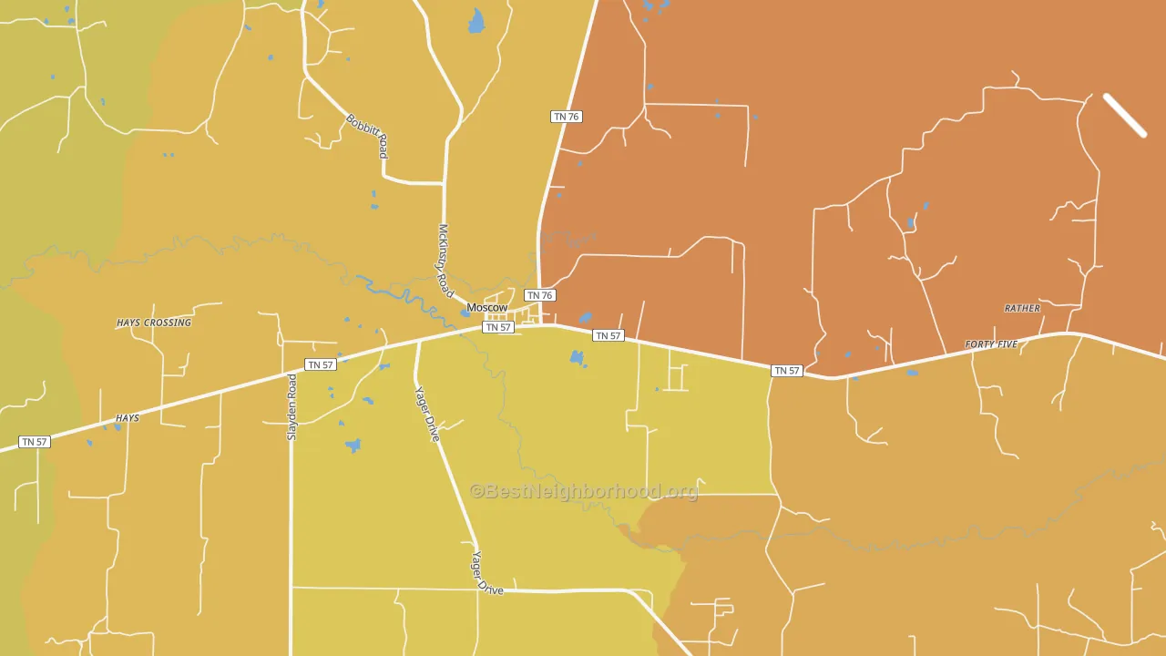 Map of the best neighborhoods in the 38057 area, with better matches in green and worse matches in red