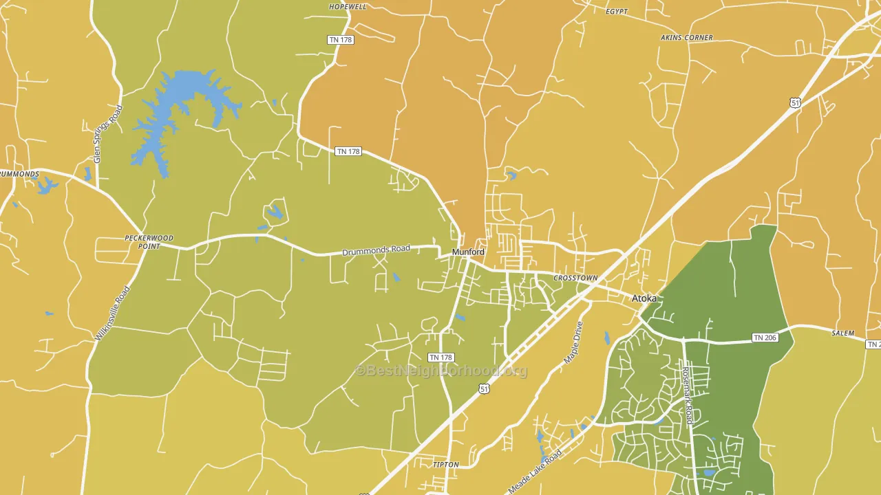Map of the best neighborhoods in the 38058 area, with better matches in green and worse matches in red